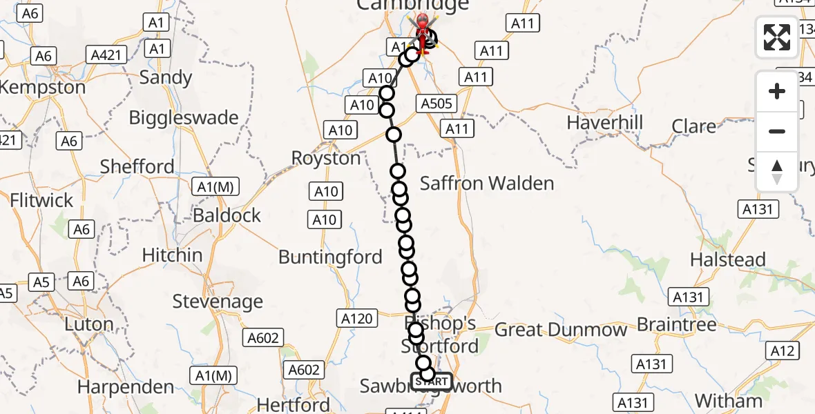 Flight route Air Ambulance Helicopter Sawbridgeworth - Papworth Hospital, 23 September 2026, 16:11