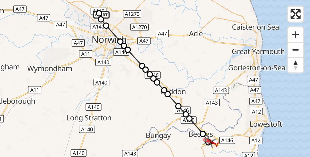 Flight route Air Ambulance Helicopter Norwich Airport - Worlingham, 23 September 2026, 16:11