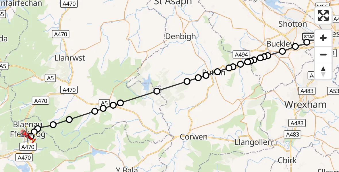 Flight route Air Ambulance Helicopter Hawarden Airport - Manod, 23 September 2026, 16:12