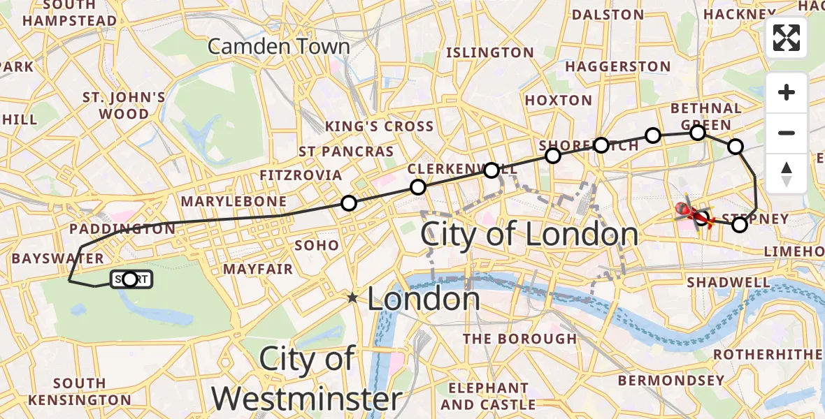 Flight route Air Ambulance Helicopter City of Westminster - Royal London Hospital, 23 September 2026, 16:19