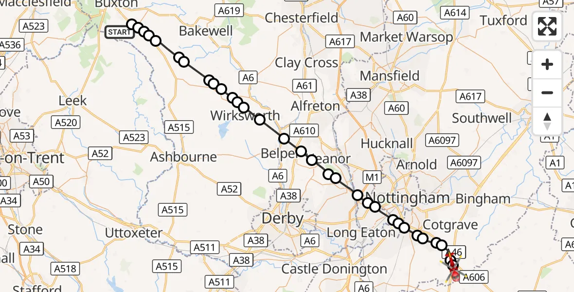 Flight route Air Ambulance Helicopter Derbyshire Dales - Hickling, 23 September 2026, 16:27