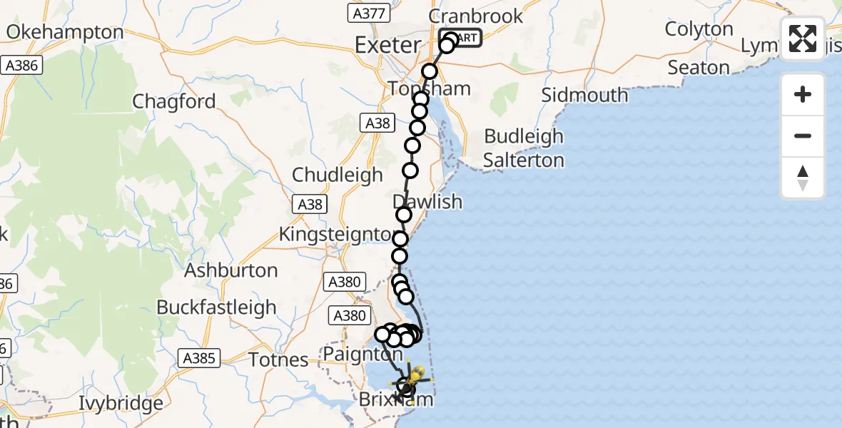 Flight route Police Helicopter Exeter International Airport - English Channel, 23 September 2026, 16:29