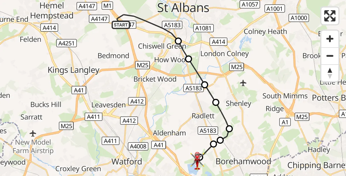 Flight route Air Ambulance Helicopter St Albans - Elstree Airfield, 23 September 2026, 16:33