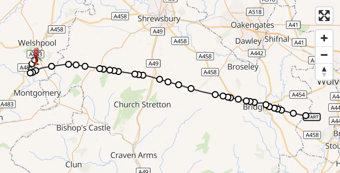 Flight route Air Ambulance Helicopter Wolverhampton Halfpenny Green Airport - Welshpool Airport, 23 September 2026, 16:40