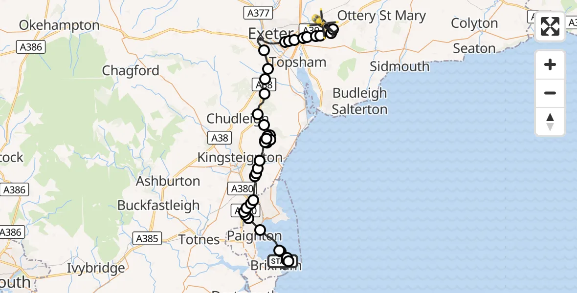 Flight route Police Helicopter Brixham - Exeter International Airport, 23 September 2026, 16:52