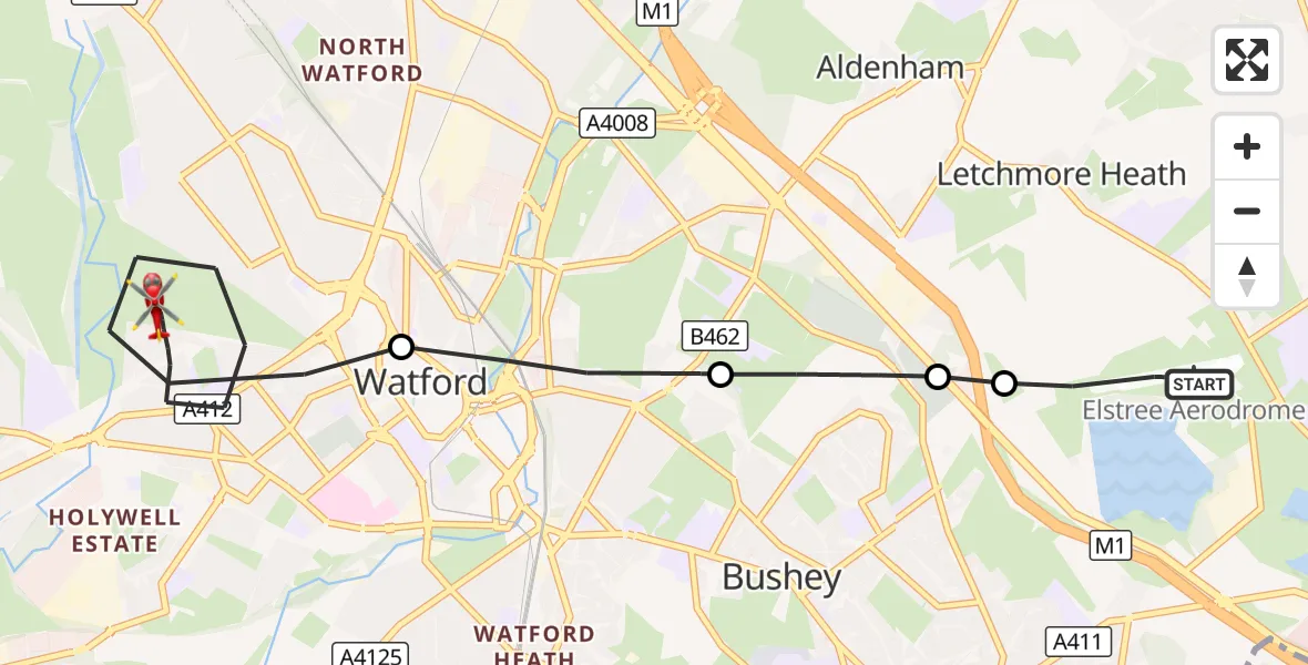 Flight route Air Ambulance Helicopter Elstree Airfield - Watford, 23 September 2026, 16:59