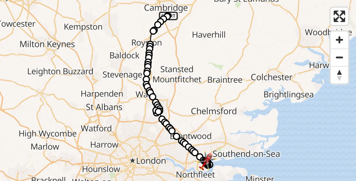 Flight route Air Ambulance Helicopter Papworth Hospital - Linford, 23 September 2026, 17:00