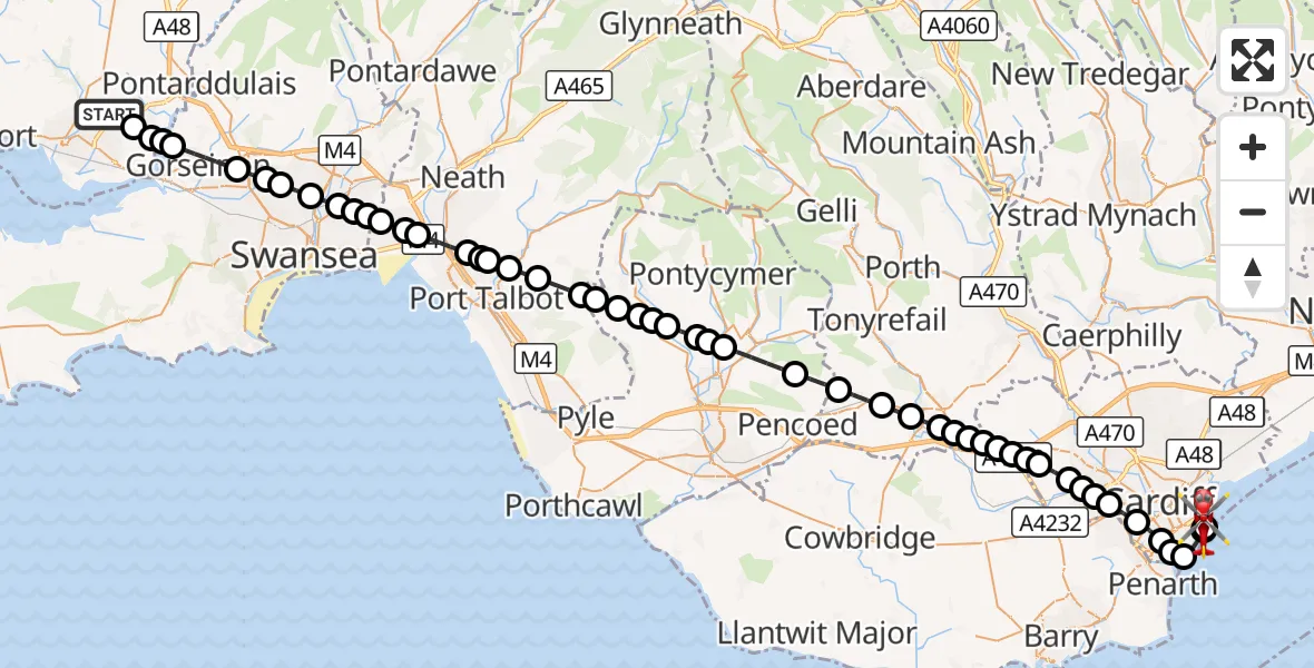 Flight route Air Ambulance Helicopter Dafen - Cardiff Heliport, 23 September 2026, 17:21