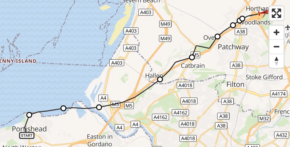 Flight route Air Ambulance Helicopter North Weston - Bristol, 23 September 2026, 17:22