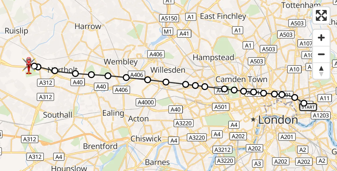 Flight route Air Ambulance Helicopter Royal London Hospital - RAF Northolt, 23 September 2026, 17:29