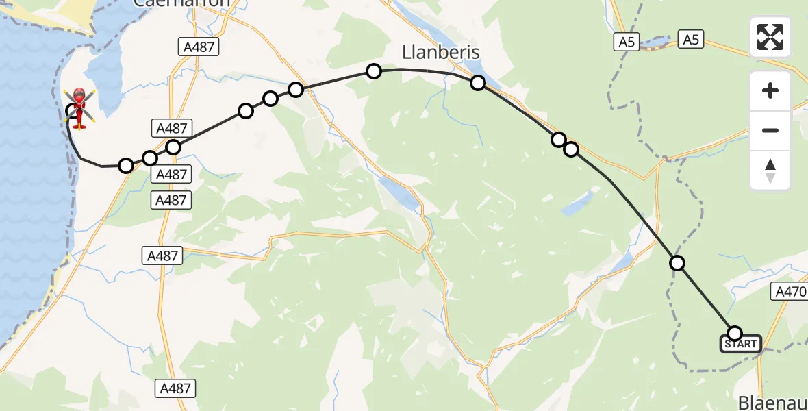 Flight route Air Ambulance Helicopter Blaenau Ffestiniog - Caernarfon Airport, 23 September 2026, 17:29
