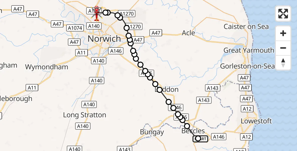 Flight route Air Ambulance Helicopter Worlingham - Norwich Airport, 23 September 2026, 17:31