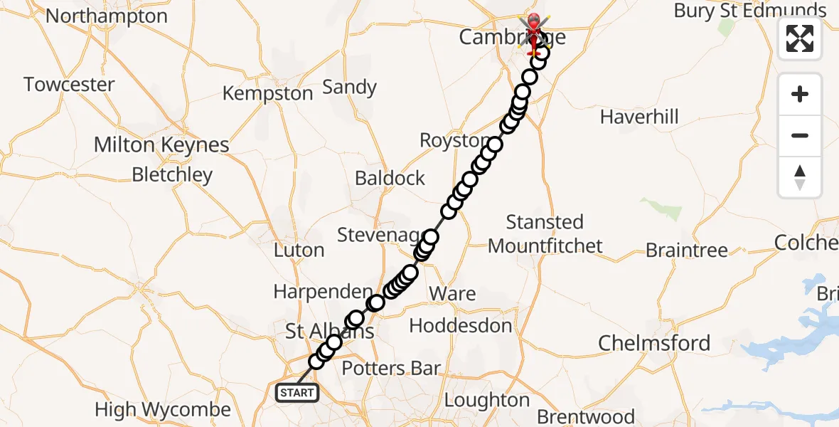 Flight route Air Ambulance Helicopter Watford - Cambridge City Airport, 23 September 2026, 17:42