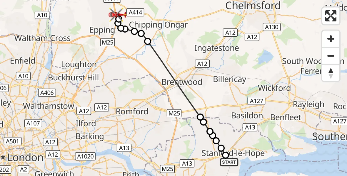 Flight route Air Ambulance Helicopter Linford - North Weald Airfield, 23 September 2026, 18:11