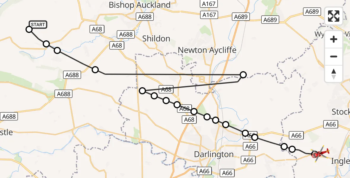 Flight route Air Ambulance Helicopter Hamsterley - Egglescliffe, 23 September 2026, 18:32