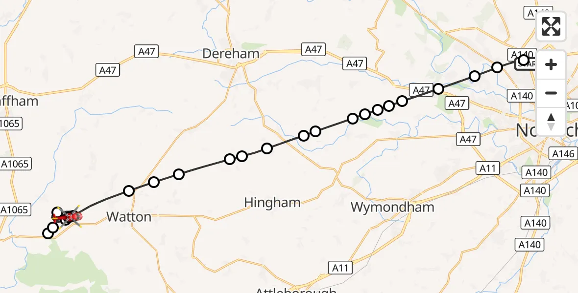 Flight route Air Ambulance Helicopter Norwich Airport - Breckland, 23 September 2026, 18:38