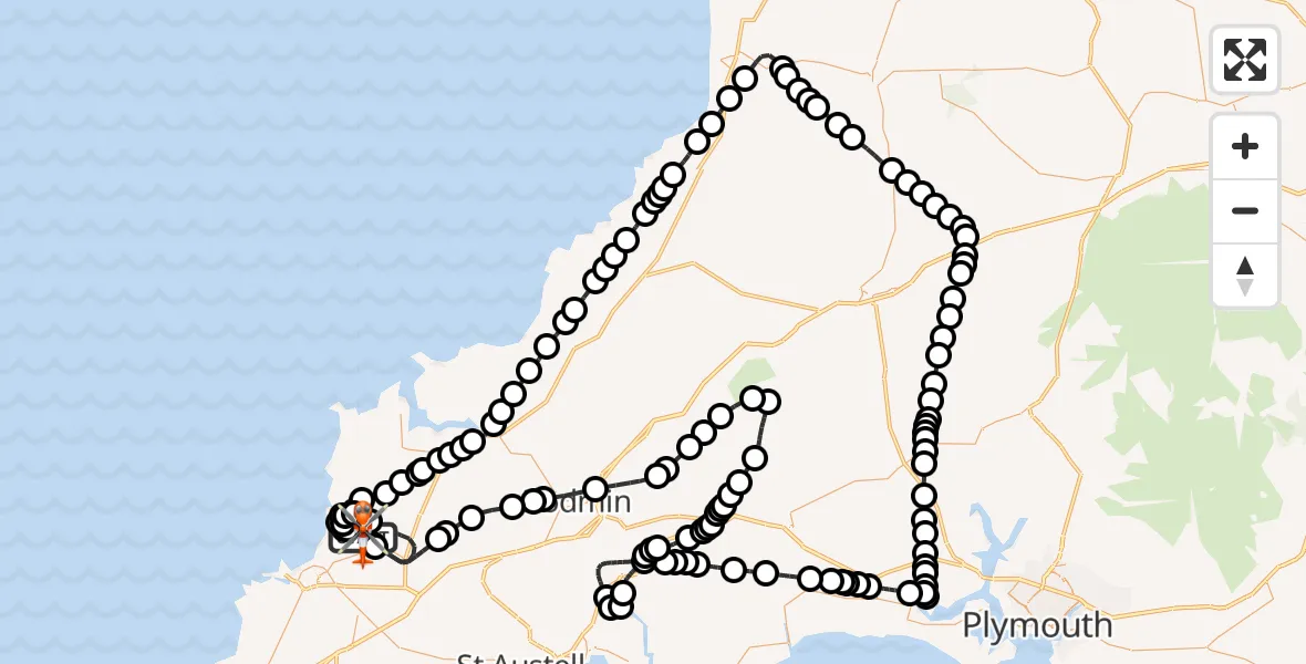 Flight route Coastguard Helicopter Cornwall Airport Newquay - Cornwall Airport Newquay, 23 September 2026, 18:45