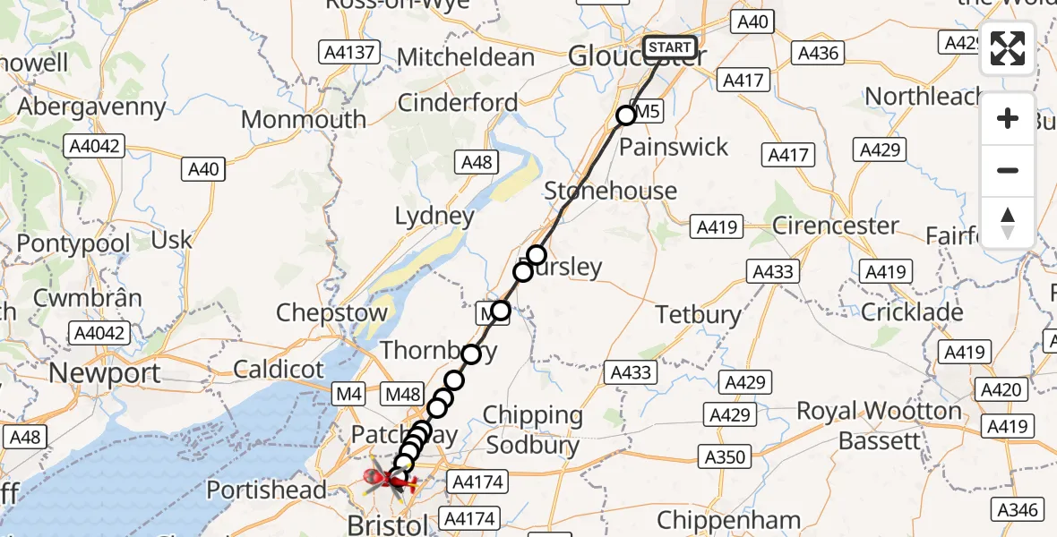 Flight route Air Ambulance Helicopter Gloucester - Bristol, 23 September 2026, 18:51