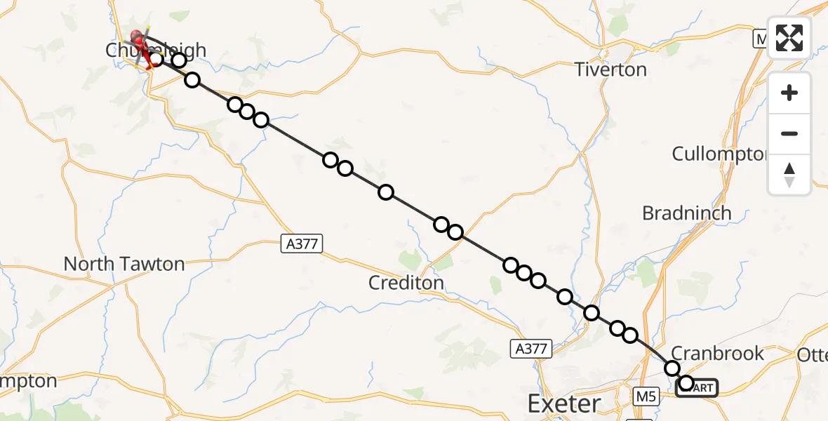 Flight route Air Ambulance Helicopter Exeter International Airport - Chulmleigh, 23 September 2026, 18:54