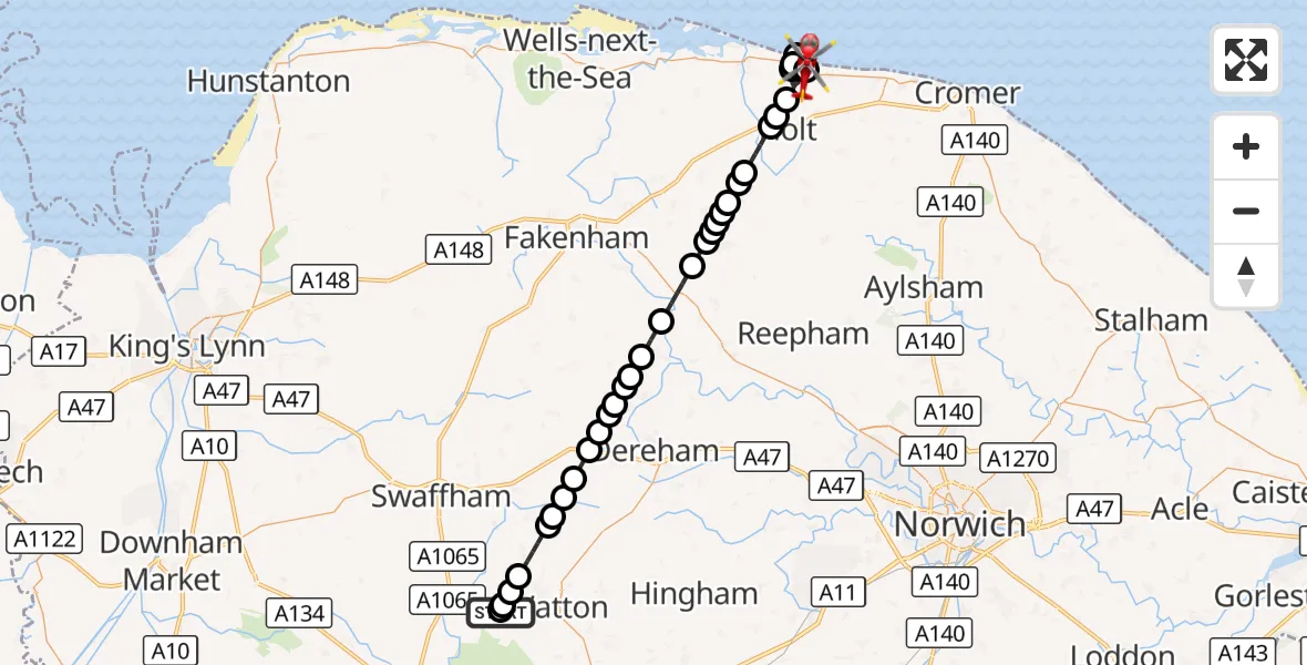 Flight route Air Ambulance Helicopter Breckland - North Norfolk, 23 September 2026, 19:01