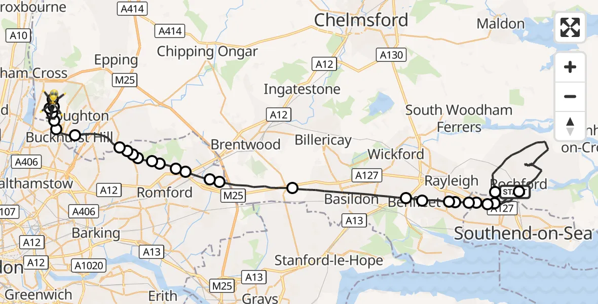 Flight route Police Helicopter London Southend Airport - Sewardstonebury, 23 September 2026, 19:04