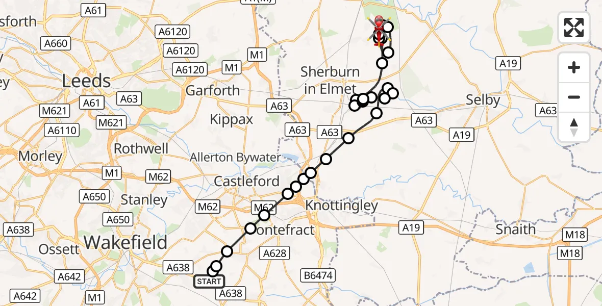 Flight route Air Ambulance Helicopter YAA Nostell Helicopter Port - Leeds East Airport, 23 September 2026, 19:06