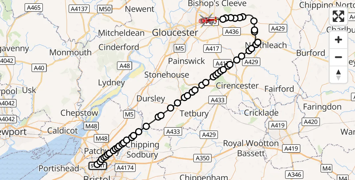 Flight route Air Ambulance Helicopter Southmead Hospital - Cheltenham, 23 September 2026, 19:08