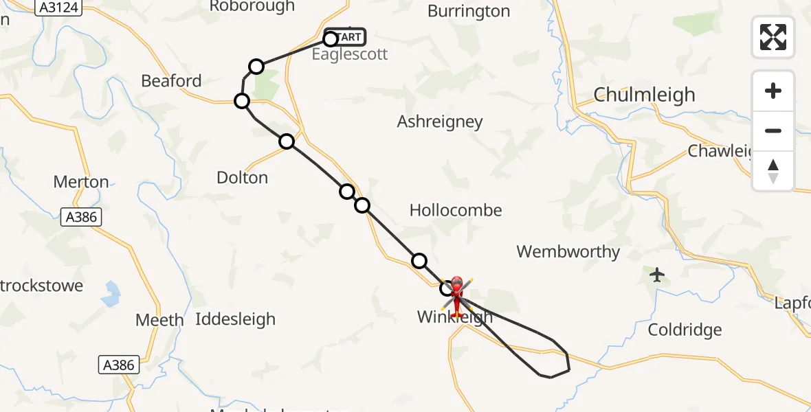 Flight route Air Ambulance Helicopter Eaglescott Airfield - Winkleigh, 23 September 2026, 19:21