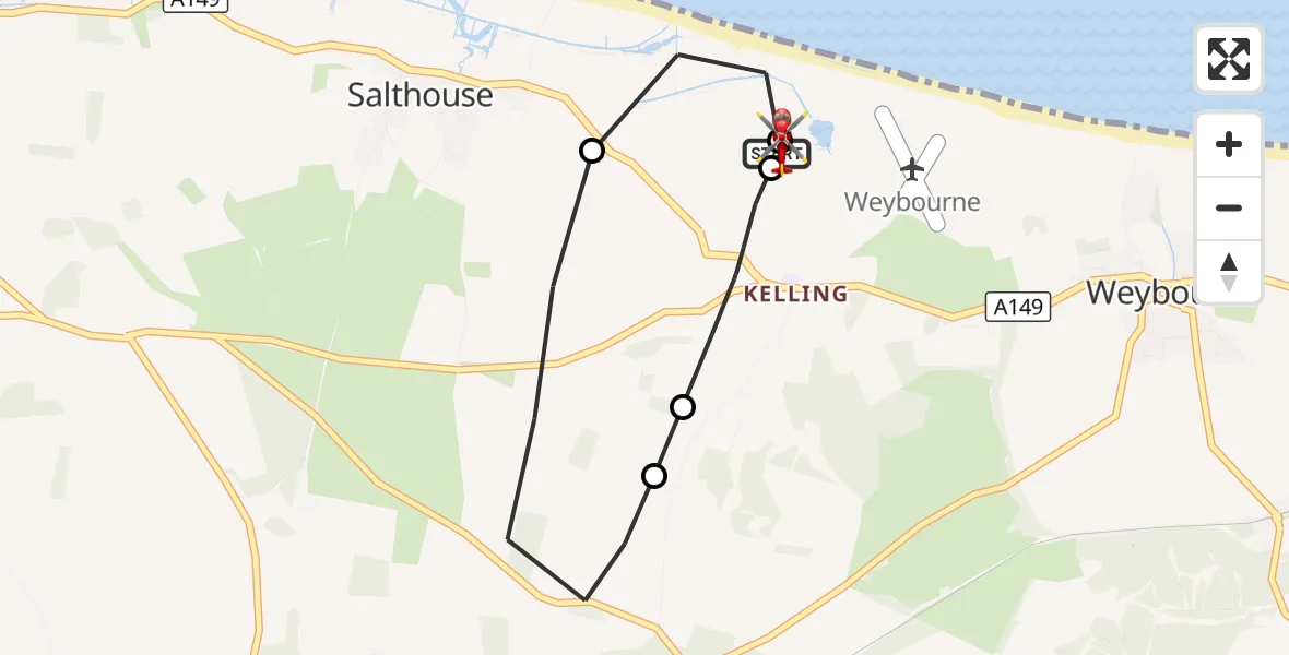 Flight route Air Ambulance Helicopter Salthouse - North Norfolk, 23 September 2026, 19:29