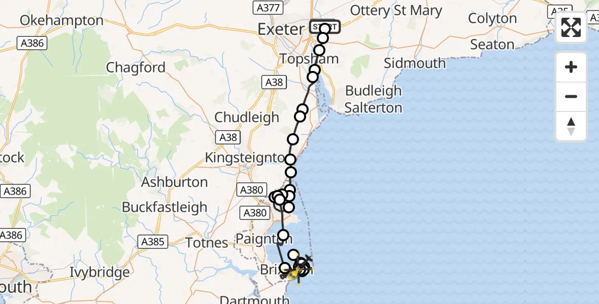 Flight route Police Helicopter Exeter International Airport - Brixham, 23 September 2026, 19:30