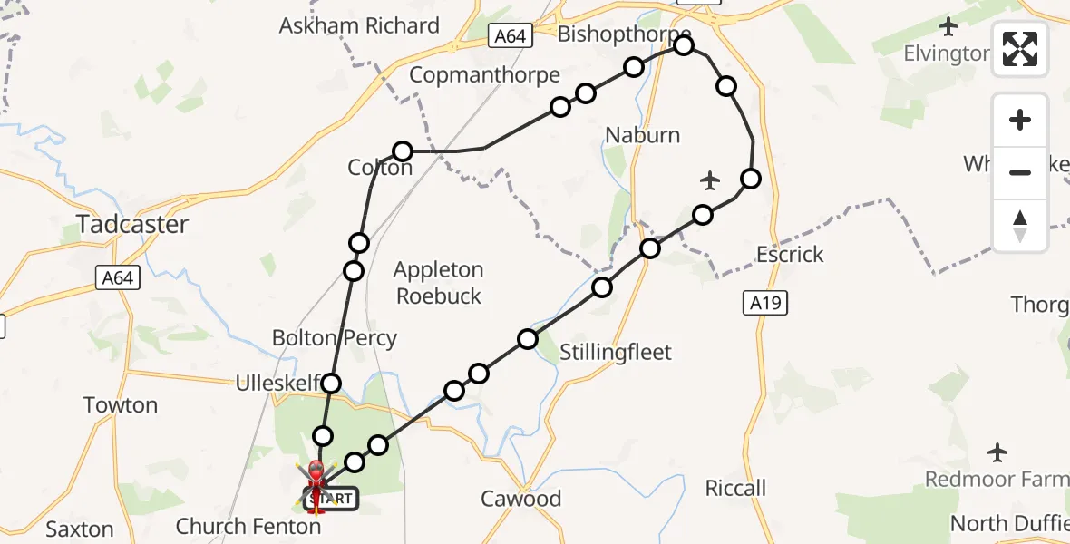 Flight route Air Ambulance Helicopter Leeds East Airport - Leeds East Airport, 23 September 2026, 19:33