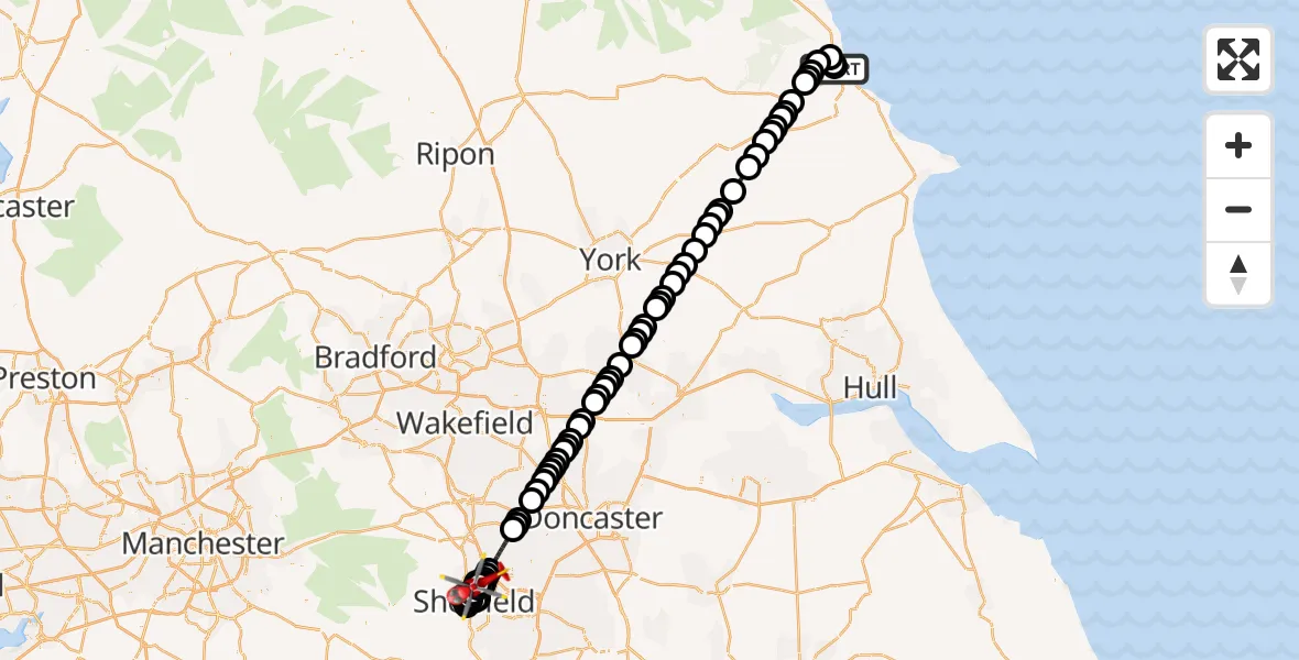 Flight route Air Ambulance Helicopter Newby - Sheffield Northern Hospital, 23 September 2026, 19:34