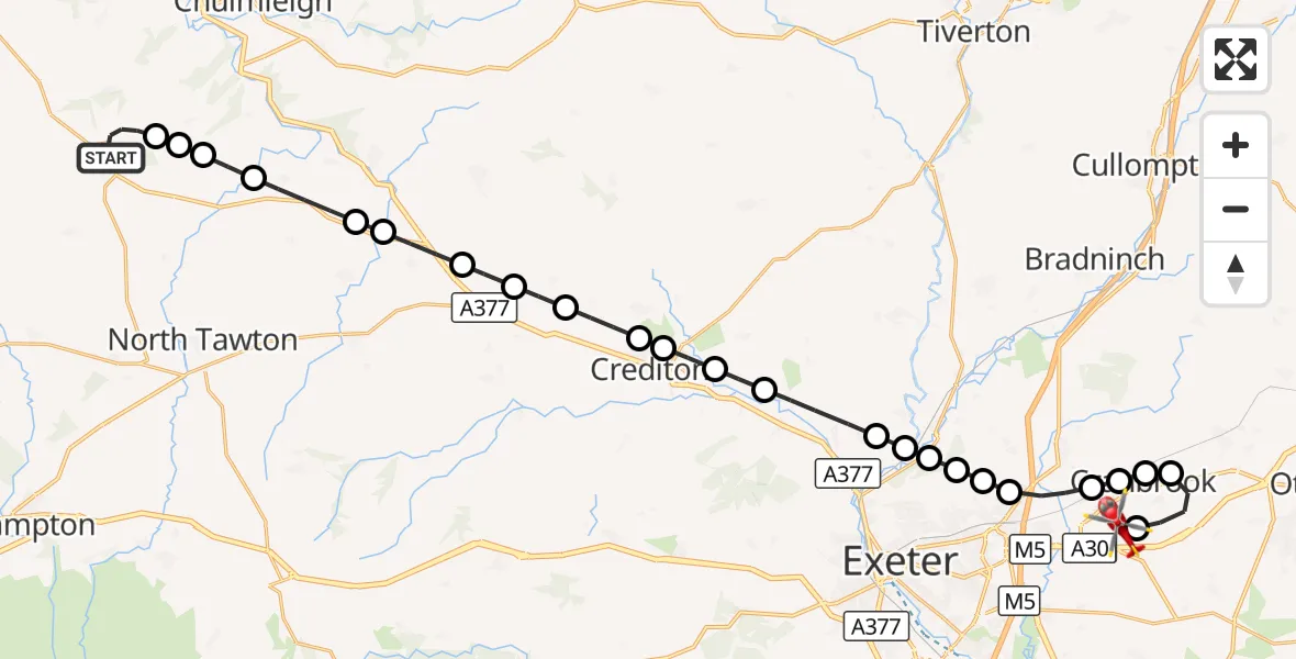 Flight route Air Ambulance Helicopter Winkleigh - Exeter International Airport, 23 September 2026, 19:36