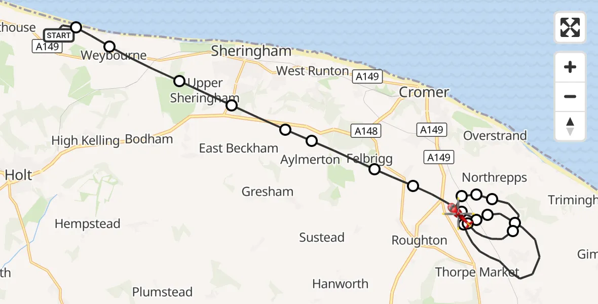 Flight route Air Ambulance Helicopter North Norfolk - Northrepps Aerodrome, 23 September 2026, 19:38