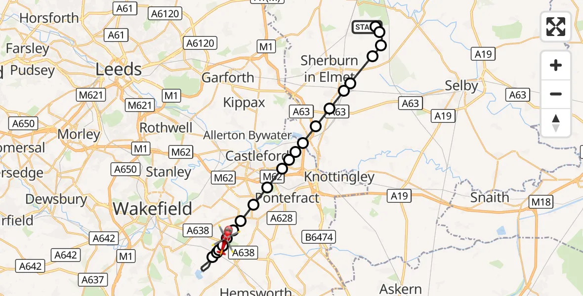 Flight route Air Ambulance Helicopter Leeds East Airport - YAA Nostell Helicopter Port, 23 September 2026, 19:50