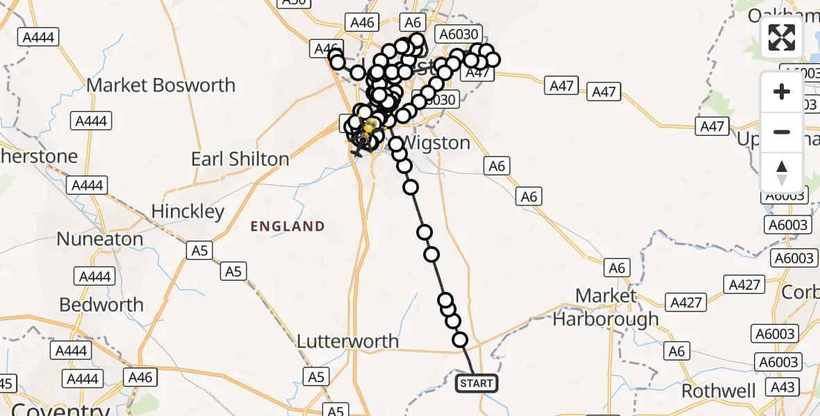 Flight route Police Helicopter Husbands Bosworth - Blaby, 23 September 2026, 19:50