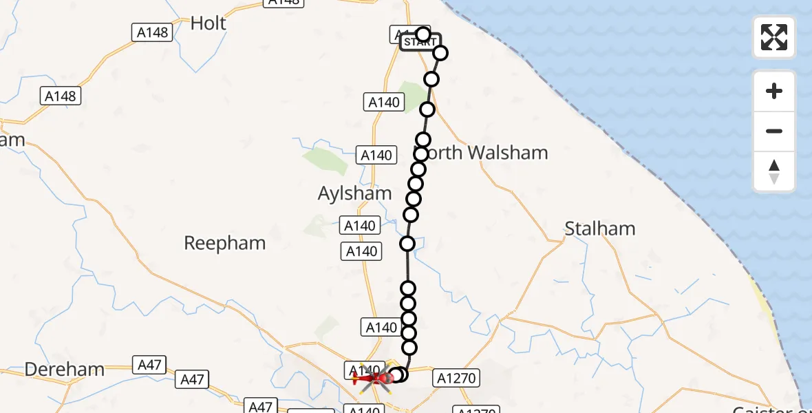 Flight route Air Ambulance Helicopter Northrepps Aerodrome - Norwich Airport, 23 September 2026, 19:58