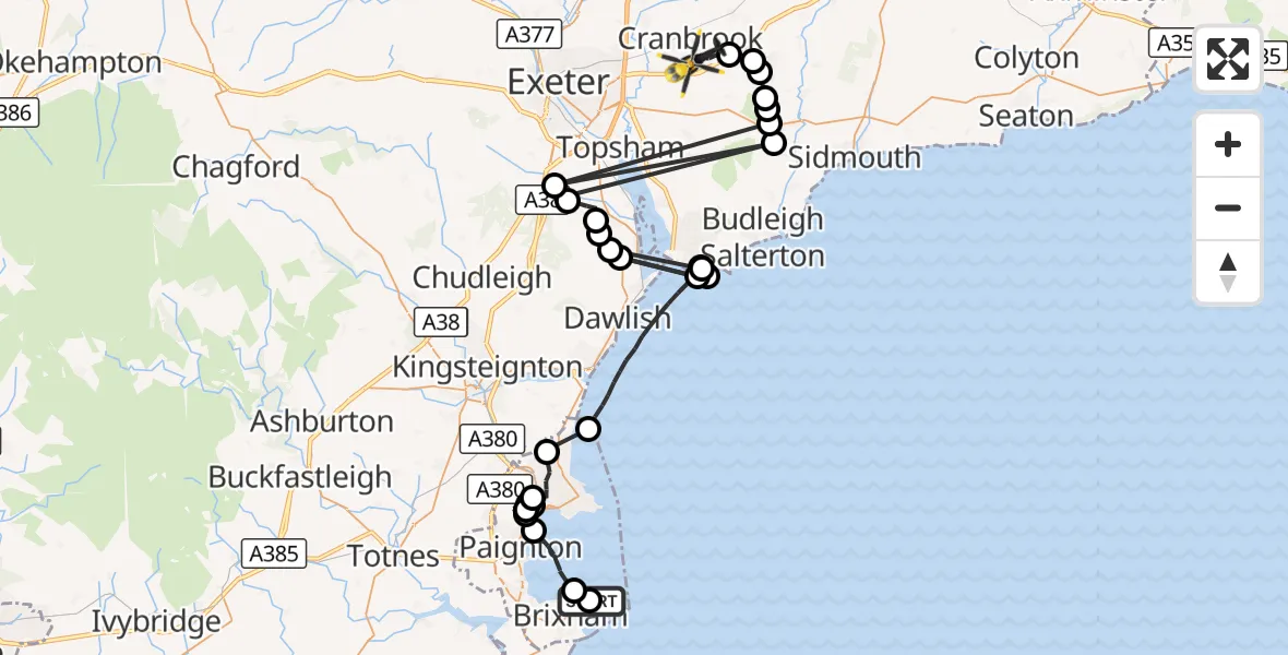 Flight route Police Helicopter English Channel - Rockbeare, 23 September 2026, 19:59