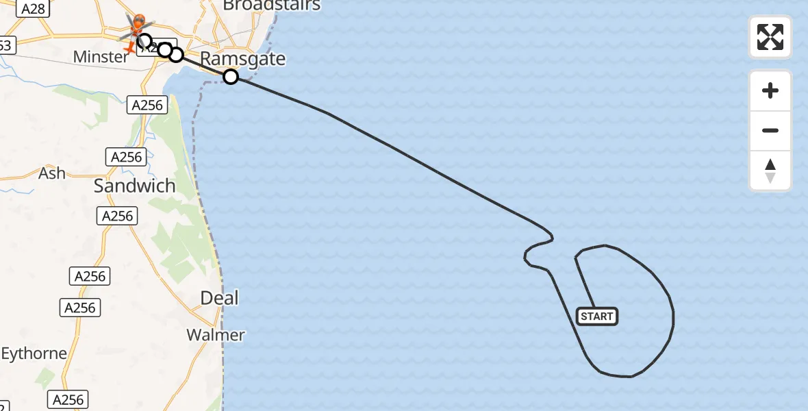 Flight route Coastguard Helicopter North Sea - Manston Airport, 23 September 2026, 20:24