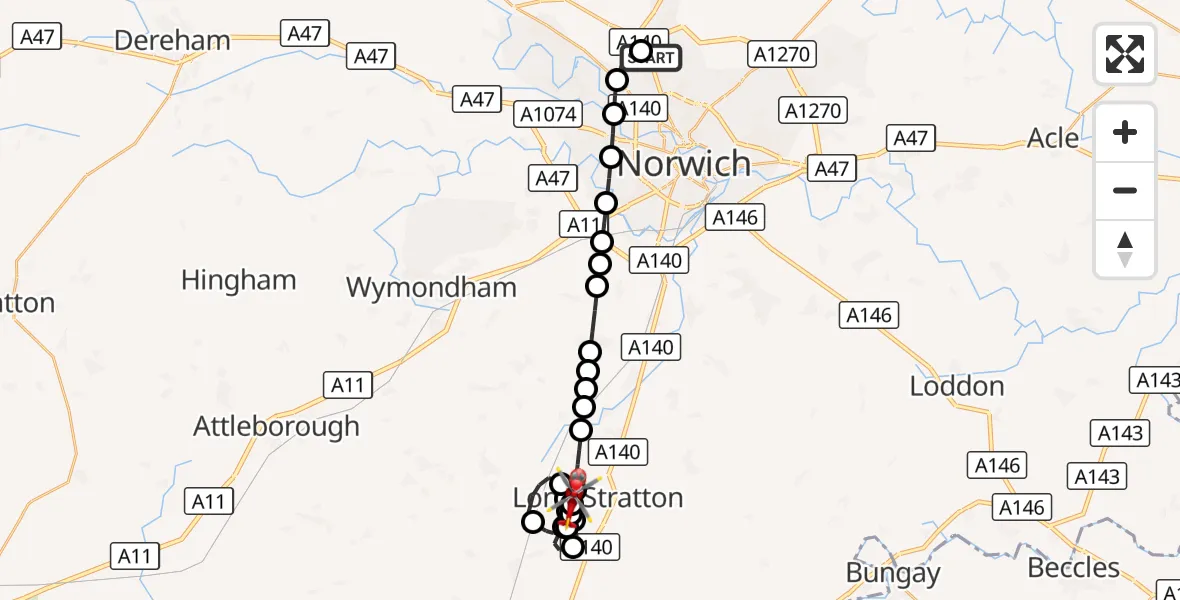 Flight route Air Ambulance Helicopter Norwich Airport - Long Stratton Airstrip, 23 September 2026, 20:38