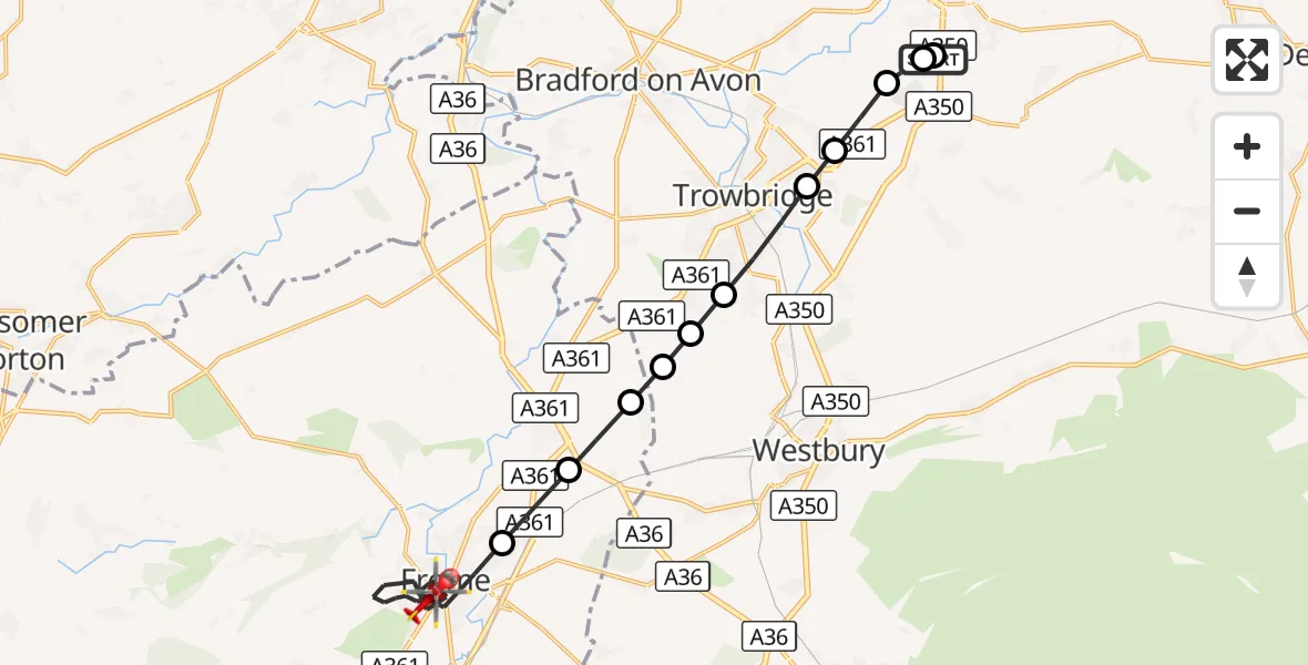 Flight route Air Ambulance Helicopter Wiltshire Air Ambulance - Frome, 23 September 2026, 20:56