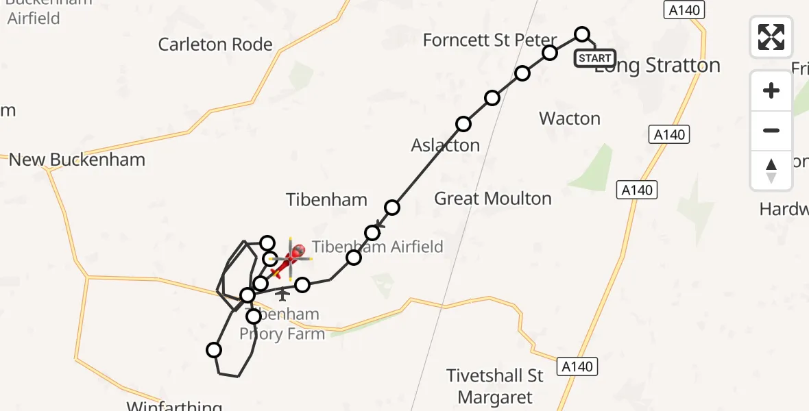 Flight route Air Ambulance Helicopter Long Stratton Airstrip - Priory Farm Airstrip, 23 September 2026, 20:59