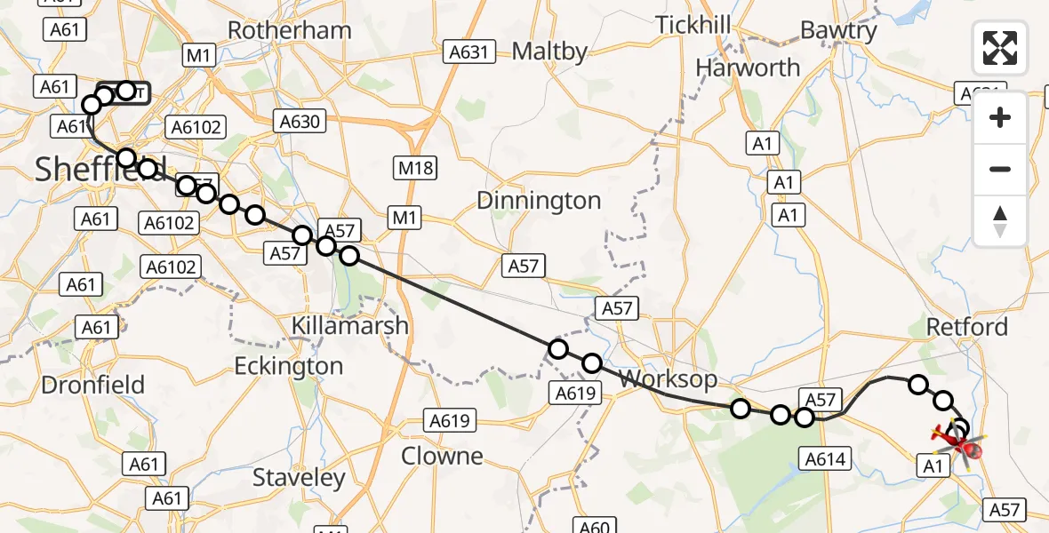 Flight route Air Ambulance Helicopter Sheffield Northern Hospital - Retford Gamston Airport, 23 September 2026, 21:00
