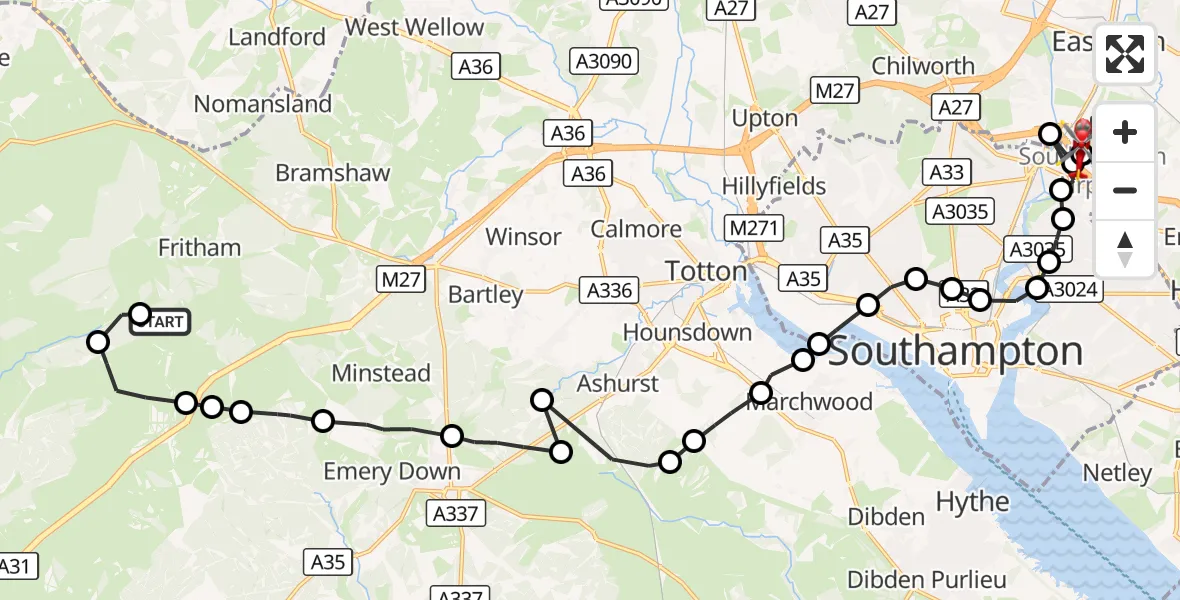 Flight route Air Ambulance Helicopter Minstead - Southampton Airport, 23 September 2026, 21:02