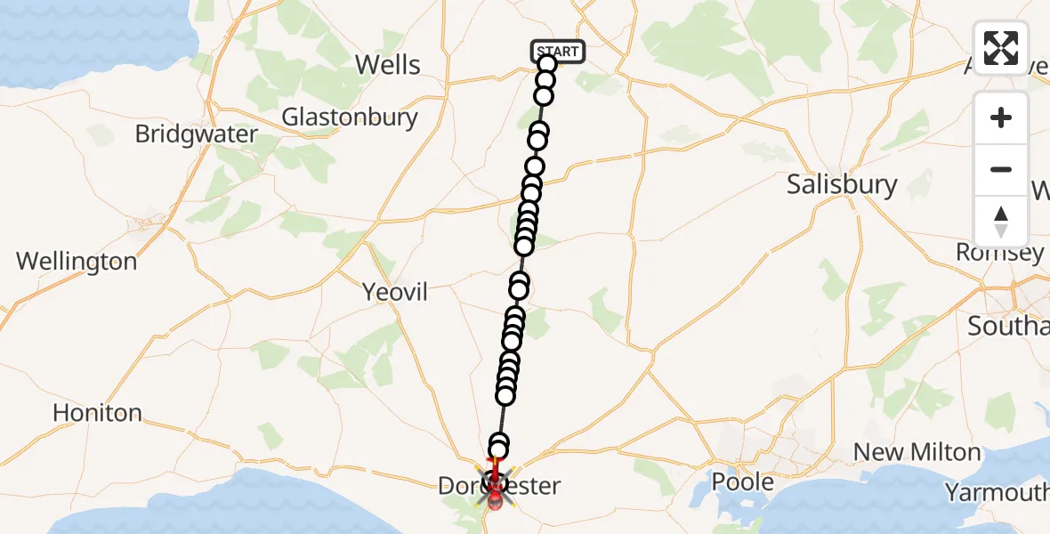 Flight route Air Ambulance Helicopter Frome - Dorchester, 23 September 2026, 21:12