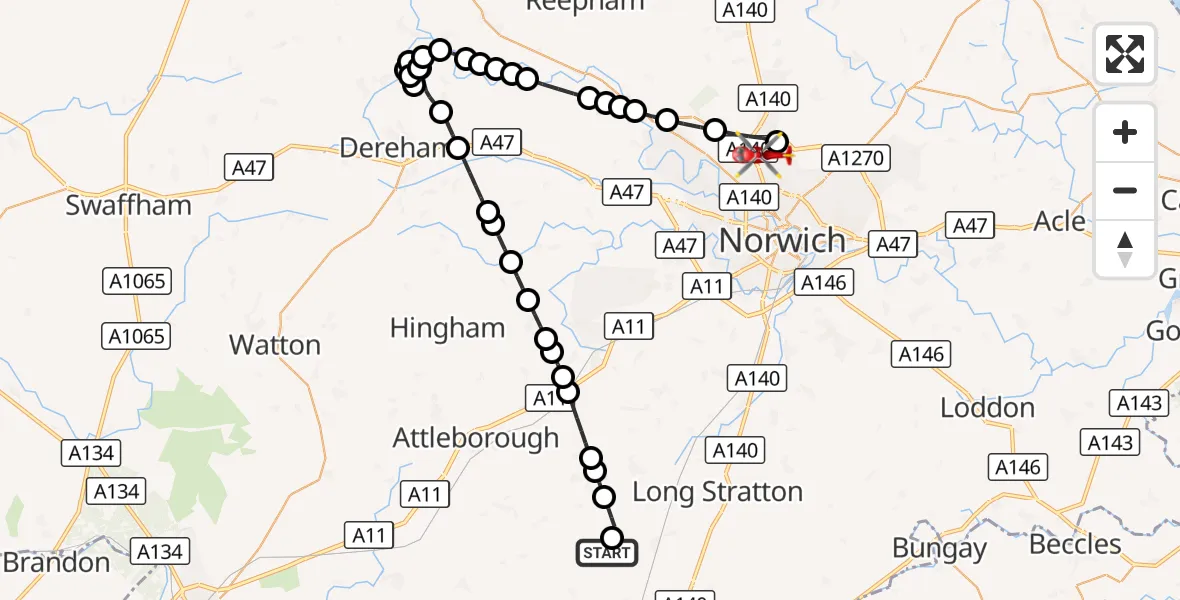 Flight route Air Ambulance Helicopter Priory Farm Airstrip - Norwich Airport, 23 September 2026, 21:13