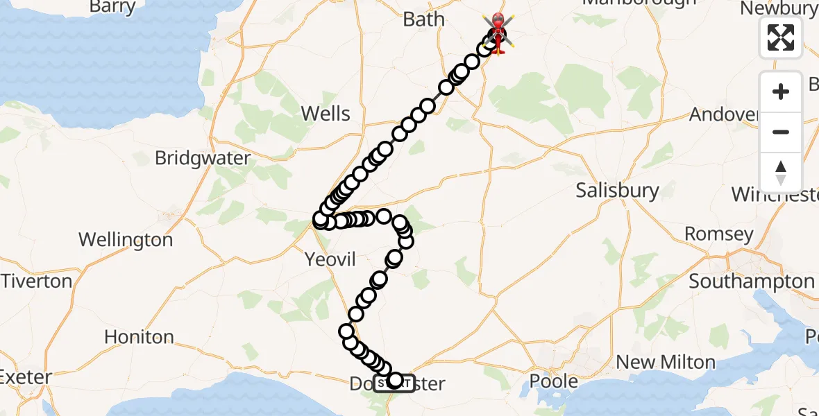 Flight route Air Ambulance Helicopter Dorchester Hospital - Wiltshire Air Ambulance, 23 September 2026, 21:34