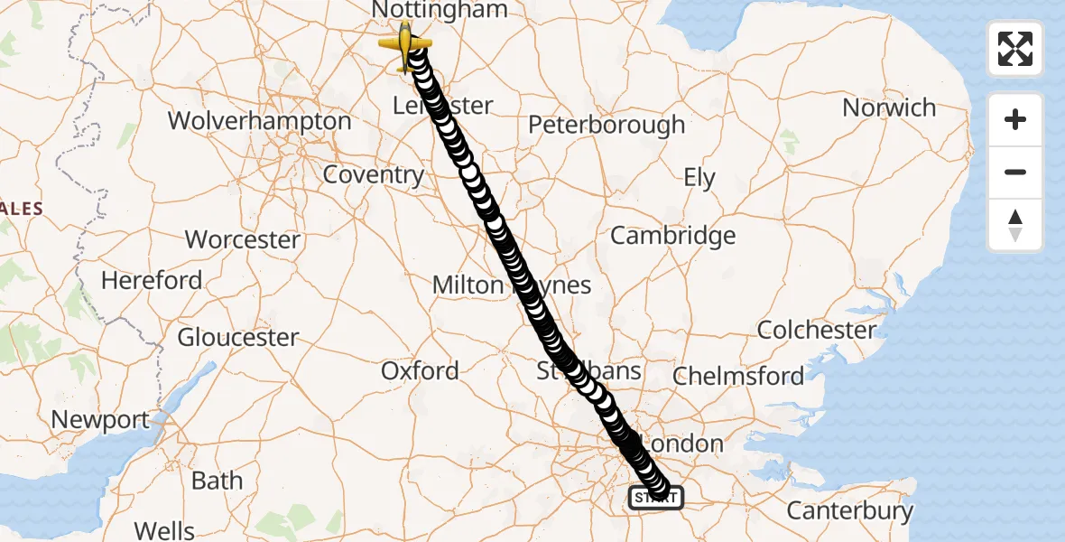 Flight route Police Aircraft London Biggin Hill Airport - East Midlands Airport, 23 September 2026, 21:44