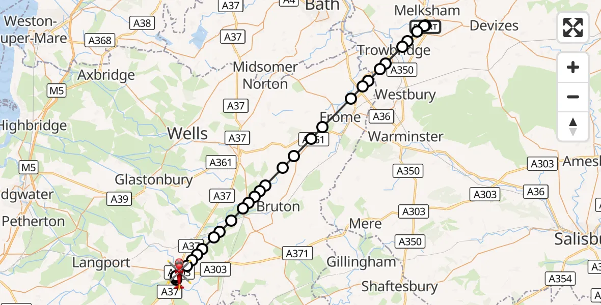 Flight route Air Ambulance Helicopter Wiltshire Air Ambulance - Podimore, 24 September 2026, 01:17