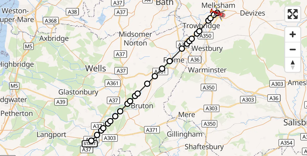 Flight route Air Ambulance Helicopter Kingsdon - Wiltshire Air Ambulance, 24 September 2026, 02:37